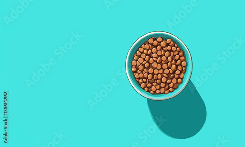 An illustration depicts a bowl of dry pet food on a vibrant turquoise background, illustrating pet care, nutrition, and the importance of diet for pets