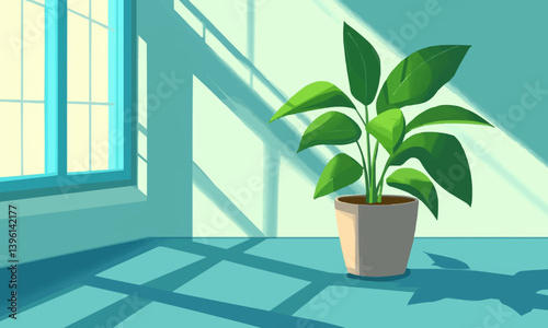 An illustration in a charming flat cartoon style featuring a lone houseplant a green plant in a flower pot