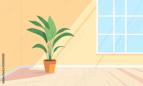 An illustration in a charming flat cartoon style featuring a lone houseplant a green plant in a flower pot