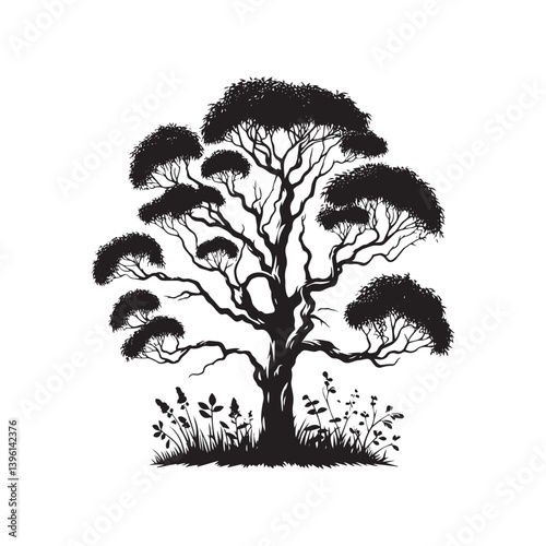 Eucalyptus Tree Vector Silhouette, Elegant Nature Tree Outline, Australian Tree Clipart for Wall Art, Logos, Stickers, Apparel, Digital Prints, Crafts, Posters, and Home Decor.