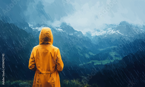 An image of a woman in a raincoat enjoying the landscape of the mountains under the rain, looking back
