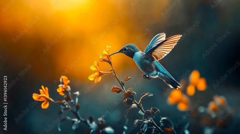Fototapeta premium Under soft golden light, a hummingbird gently hovers at a yellow flower, wings fluttering with quiet energy at dawn.