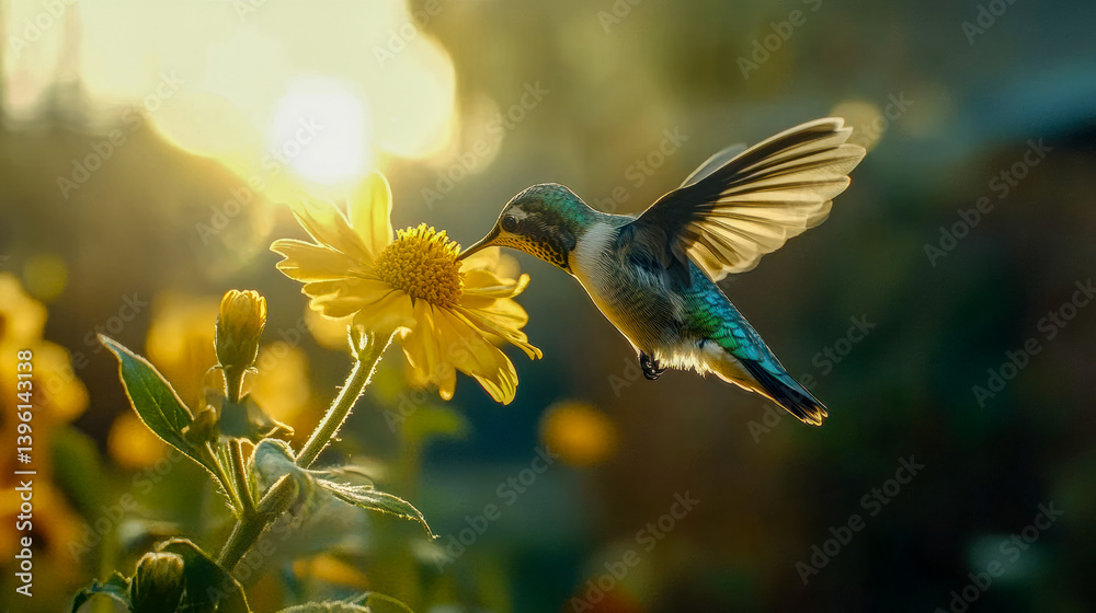 Fototapeta premium Sunrise casts a warm hue as a hummingbird pauses at a yellow bloom, its iridescent feathers lit by the morning glow.