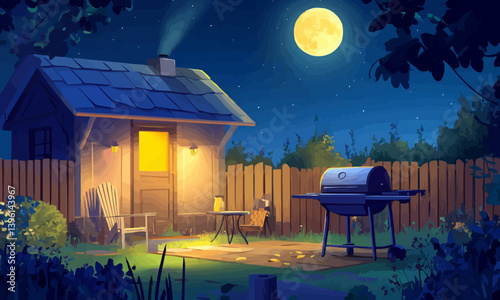 At night, a decorative wooden terrace with a BBQ area. A summer evening's outdoor picnic barbecue zone on a patio. A cartoon modern depiction of a cottage backyard with a wooden terrace and BBQ area.