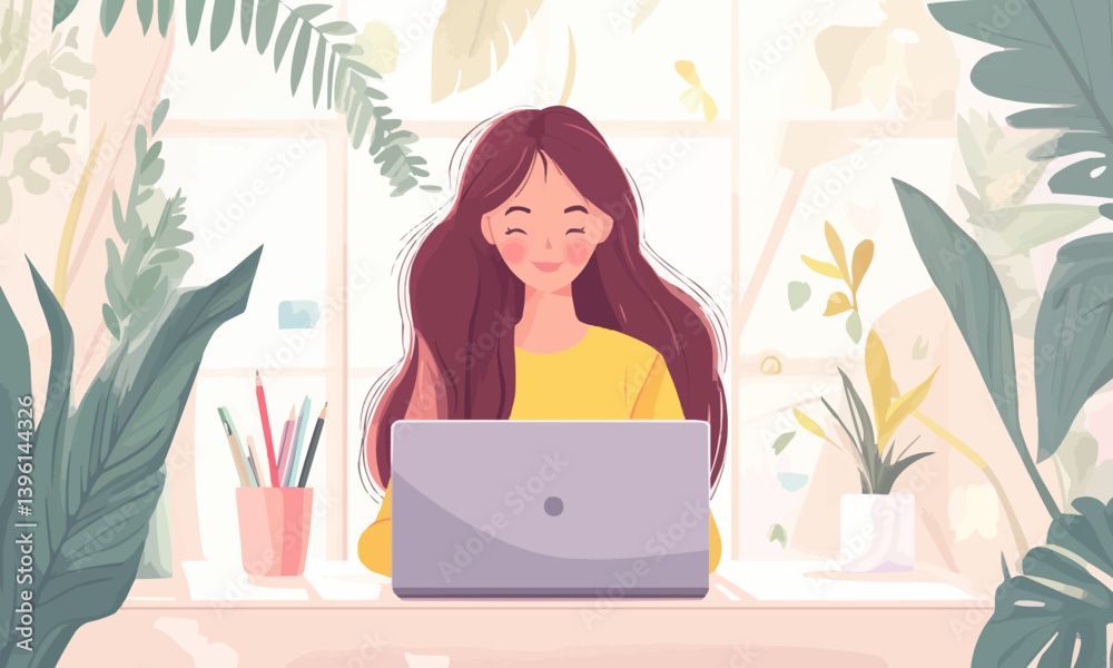 Beautiful girl using laptop studying at home, online education concept, studying science behind a laptop. Watching a webinar, looking for friends on social networks. Modern technologies Beautiful girl using laptop studying at home, online education concept, studying science behind a laptop. Watching a webinar, looking for friends on social networks. Modern technologies