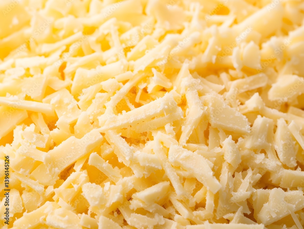 Close-up of shredded cheese with yellow and white tones filling the frame. Close-up of shredded cheese with yellow and white tones filling the frame.