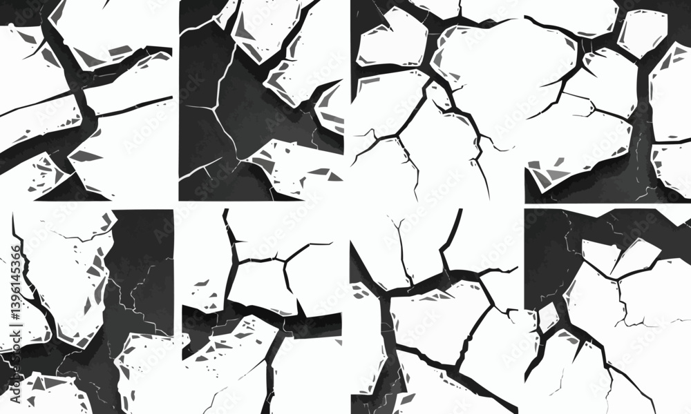 Obraz premium Black earthquake cracks. Floor cracking silhouettes, vector desert ground crash splits, abstract cracked destroying holes vector