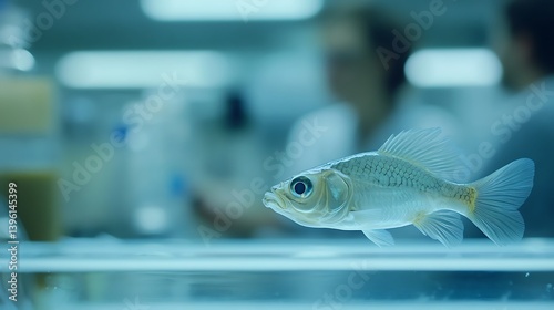 A transparent fish swimming gracefully in a laboratory setting with blurred figures in the background, capturing the essence of scientific study and research