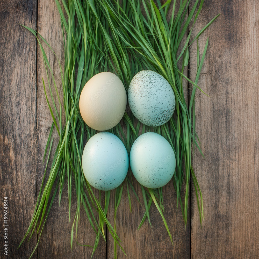 Three colorful eggs resting on grass atop a rustic wooden surface for Easter celebration.