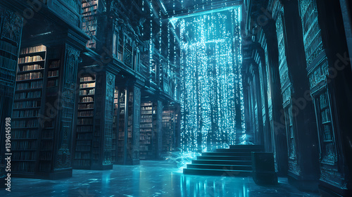 Sprawling cavernous wizard s library bathed in an otherworldly azure glow suspended motes of glittering arcane energy drift lazily through shafts of incandescent light. Mystic Codex. Illustration
