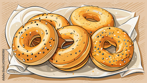 Freshly baked bagels with sesame seeds on a white baking parchment. Top view.