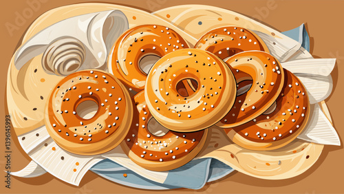 Freshly baked bagels with sesame seeds on a white baking parchment. Top view.