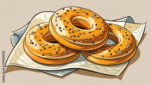 Freshly baked bagels with sesame seeds on a white baking parchment. Top view.