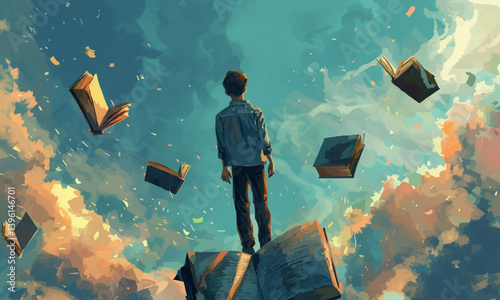 boy standing on the opened book and looking at other books floating in the air, digital art style, illustration painting