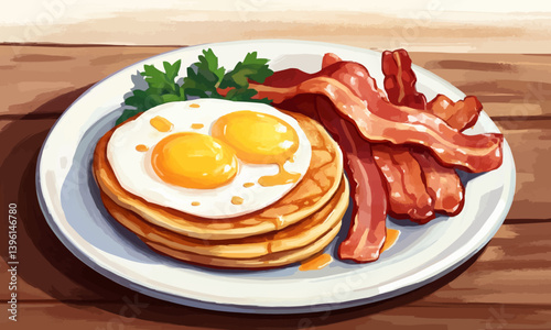 Breakfast with eggs, pancakes and bacon