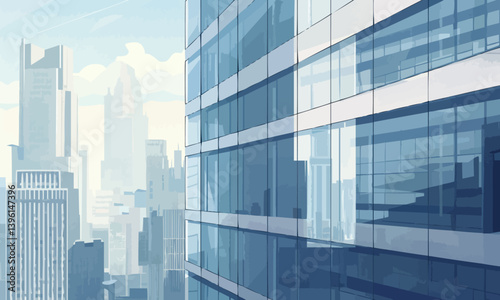 Business Vector Office Building a contemporary office building with glass facades, skyscraper design, and cityscape backdrop. corporate grays, office blues