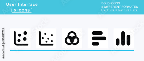 Set of 5 bold user interface icons,chart, pie, pyramid, radar, scatter, d
