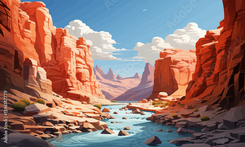 Canyon with river, vector, simple, 3d, smooth cut, isolated