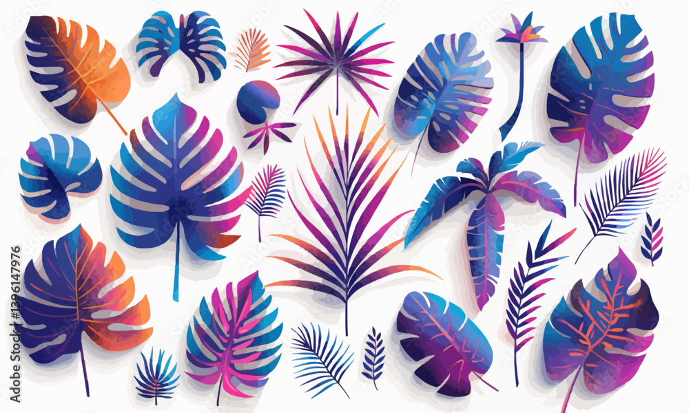 Colorful tropical leaves and palm trees, in flat composition style, plant elements, realistic and detailed illustration, various cut out silhouettes