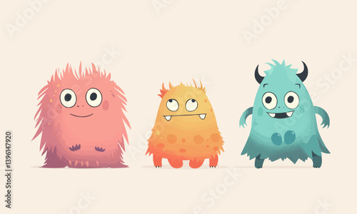 Cartoon cute monsters. Flat monster with crazy smile, silly color isolated kids characters. Funny toys, baby creatures design, decent vector kit