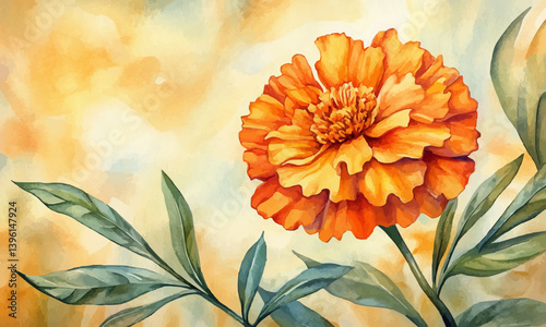 Capture the beauty of a marigold flower in a vibrant watercolor illustration showcasing a variety of colors adorning