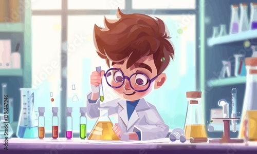 Cartoon boy conducting science experiments in a lab - education concept