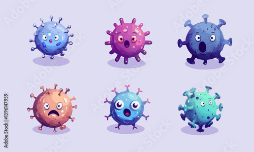 Cartoon cute virus set. Flu germs characters isolated, color doodle infect cells icons vector illustration