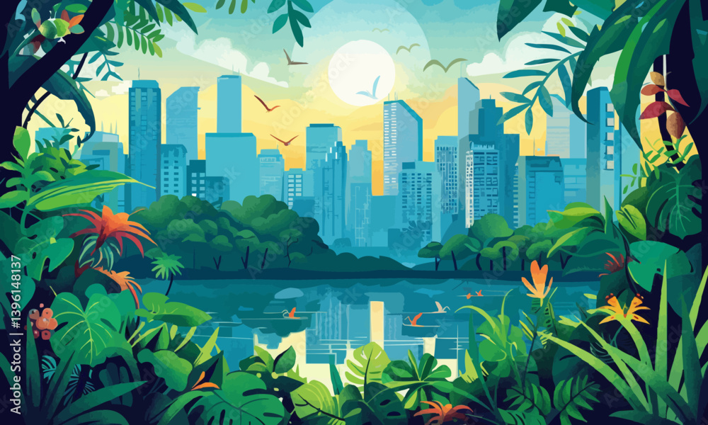 Colorful vector illustration of sustainable city and nature