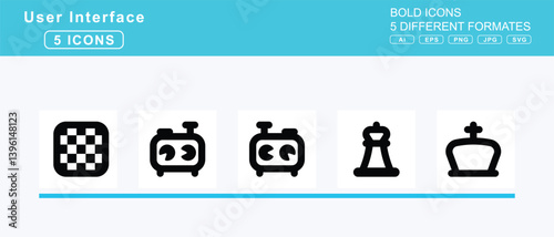 Set of 5 bold user interface icons,cheese, cheeseburger, cherry, chess, bishop