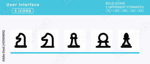 Set of 5 bold user interface icons,chess, board, clock, king
