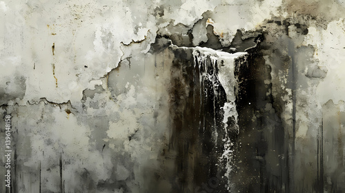 A hidden crevice in a weathered wall, where a powerful stream of water bursts forth with a deafening roar. Obscured Cascades. Illustration
