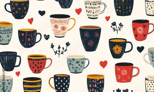 Ceramic coffee cups and tea mugs, kitchen crockery seamless pattern. background of vintage scandinavian pottery with cozy ornaments, hearts, dots, stripes and flowers