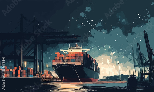 Container ship is docking in a busy port