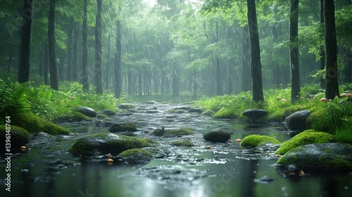 Enchanting Forest Stream with Mossy Rocks and Gentle Rainfall