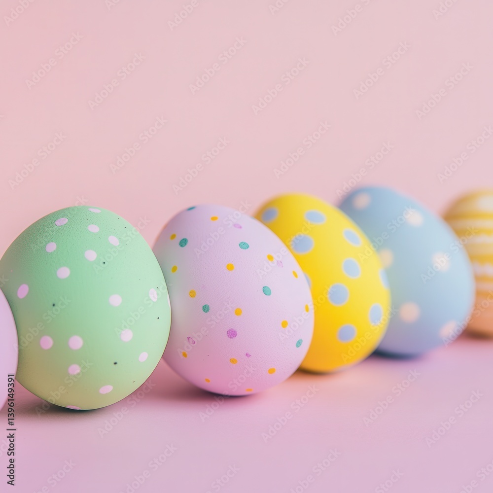 Colorful Easter eggs arranged in a row on a pink surface create a festive display.