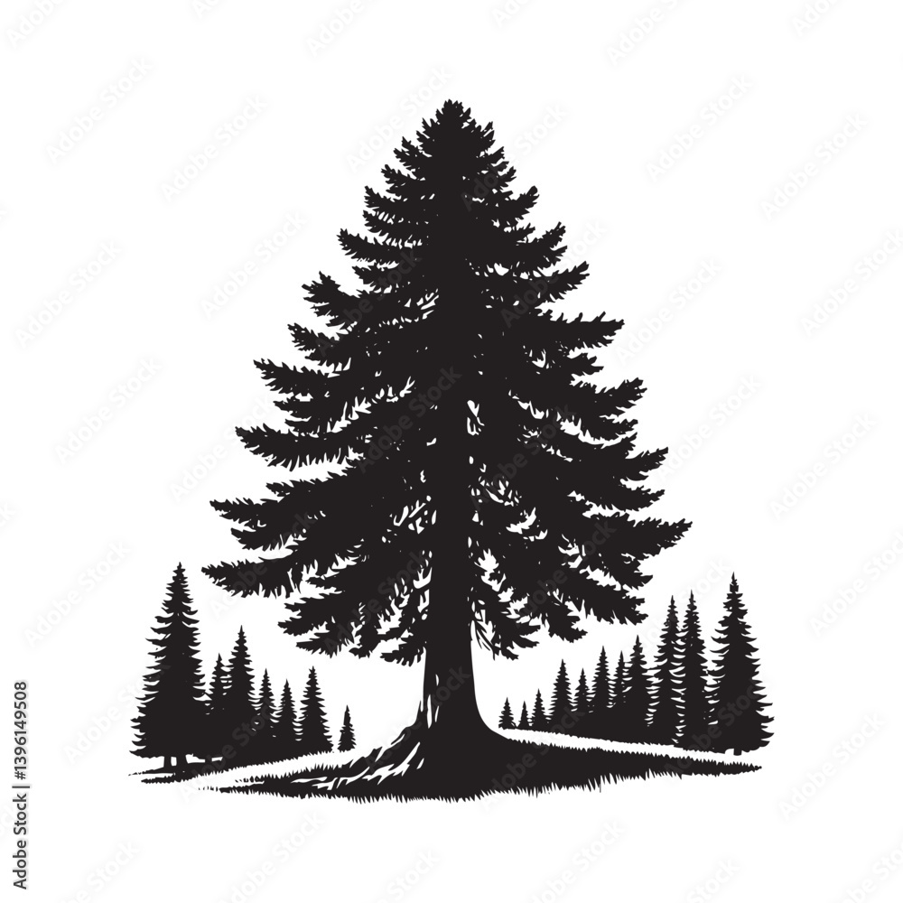 Fototapeta premium Fir Tree Vector Silhouette, Elegant Evergreen Tree Outline, Nature-Inspired Clipart for Wall Art, Logos, Stickers, Apparel, Digital Prints, Crafts, Posters, and Home Decor.