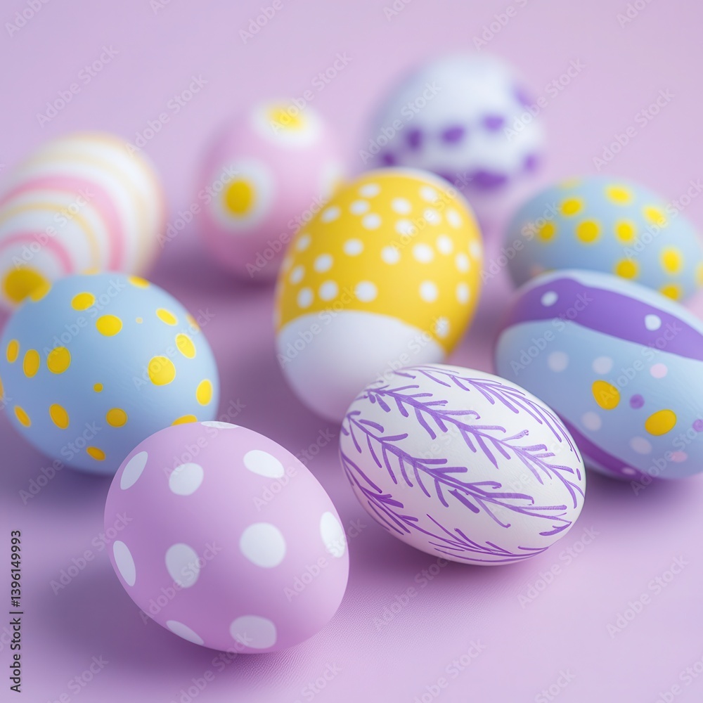 A vivid display of colorful painted Easter eggs resting on a soft pink background. A vivid display of colorful painted Easter eggs resting on a soft pink background.