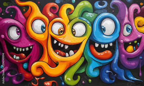 Colorful urban graffiti characters smiling and having fun