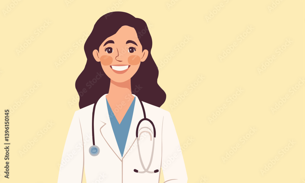 Confident female doctor in a white lab coat with a stethoscope, smiling and standing against a light yellow background. Healthcare professionalism concept. Confident female doctor in a white lab coat with a stethoscope, smiling and standing against a light yellow background. Healthcare professionalism concept.