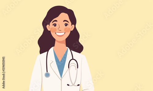 Confident female doctor in a white lab coat with a stethoscope, smiling and standing against a light yellow background. Healthcare professionalism concept.