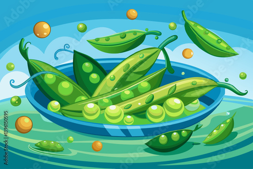 vector of Fresh green peas floating in water create a vibrant and appetizing display.
