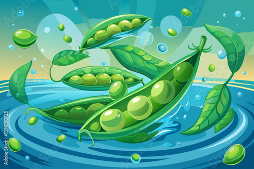 vector of Fresh green peas floating in water create a vibrant and appetizing display.