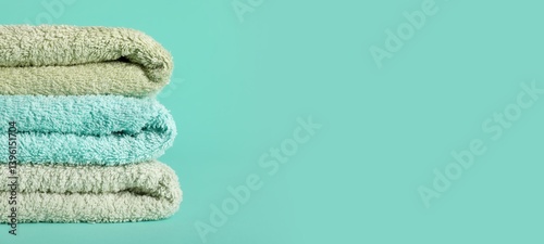 Obraz na płótnie Stack of clean soft towels on turquoise background with space for text, closeup w salonie
