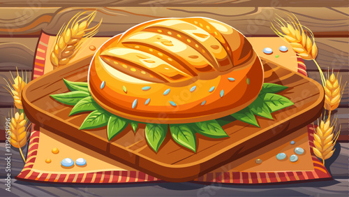 Freshly baked loaf of bread on a wooden board.