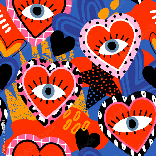 Bold seamless pattern of red hearts with central eyes, playful animal prints and graphic textures. Modern fashion print