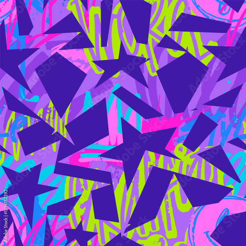 Abstract seamless chaotic pattern with urban stars. Grunge neon texture background. Wallpaper for woman. Fashion sport style