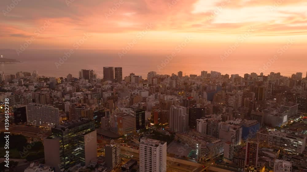 Miraflores, Lima at Sunset – Aerial Drone Footage of Peruvian Cityscape in Golden and Reddish Light