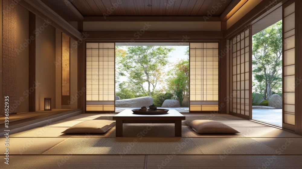 Fototapeta premium A tranquil japanese interior with open doors to a garden view