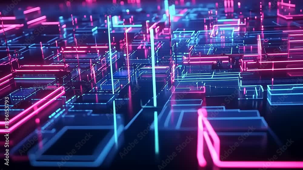 Neon Light Grid in Futuristic Digital Space with Abstract Geometric Patterns and Depth Perspective