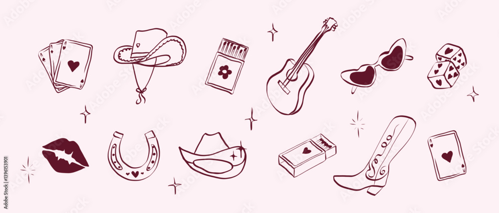 Cowgirl set in hand drawn coquette style. Vintage whimsical symbols with bow for bachelorette and girls birthday party. Trendy art for rodeo holidays banner. Doodle vector illustration